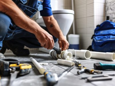 Plumber at work, fitting pipes on a bathroom floor with various plumbing tools Plumber at work, fitting pipes on a bathroom floor with various plumbing tools